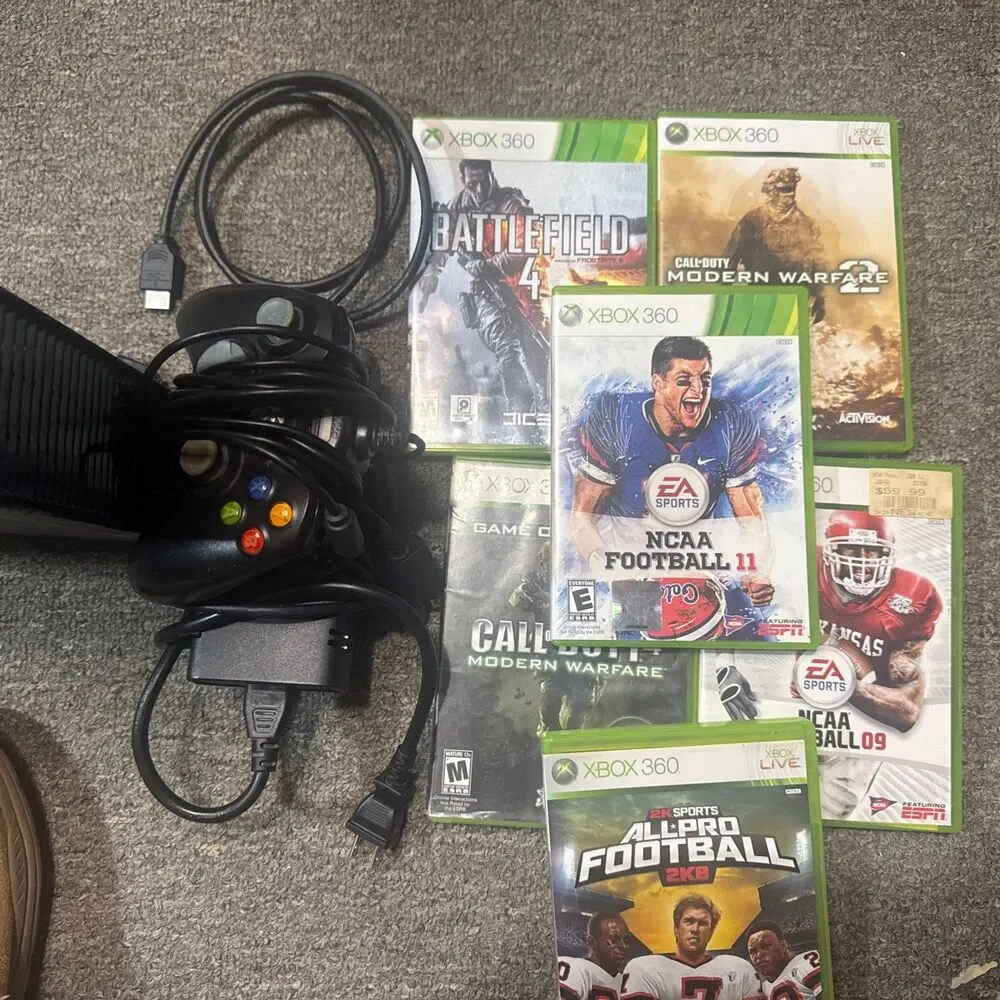 XBOX360 CORDS,POWER HDMI AND CHARGING CORD INCLUDED 6GAMES Tested and Working